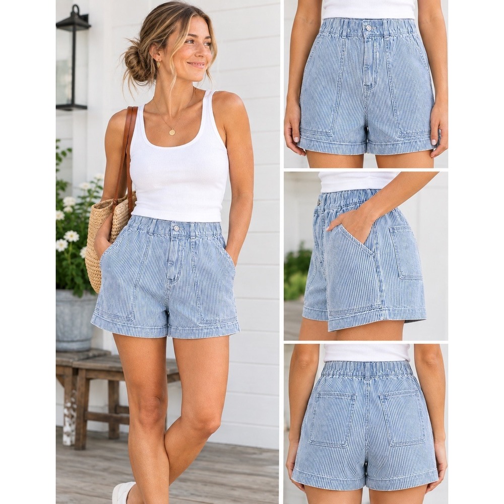 GAP Denim Utility Shorts Womens S Blue White Striped High Rise Pockets Elastic